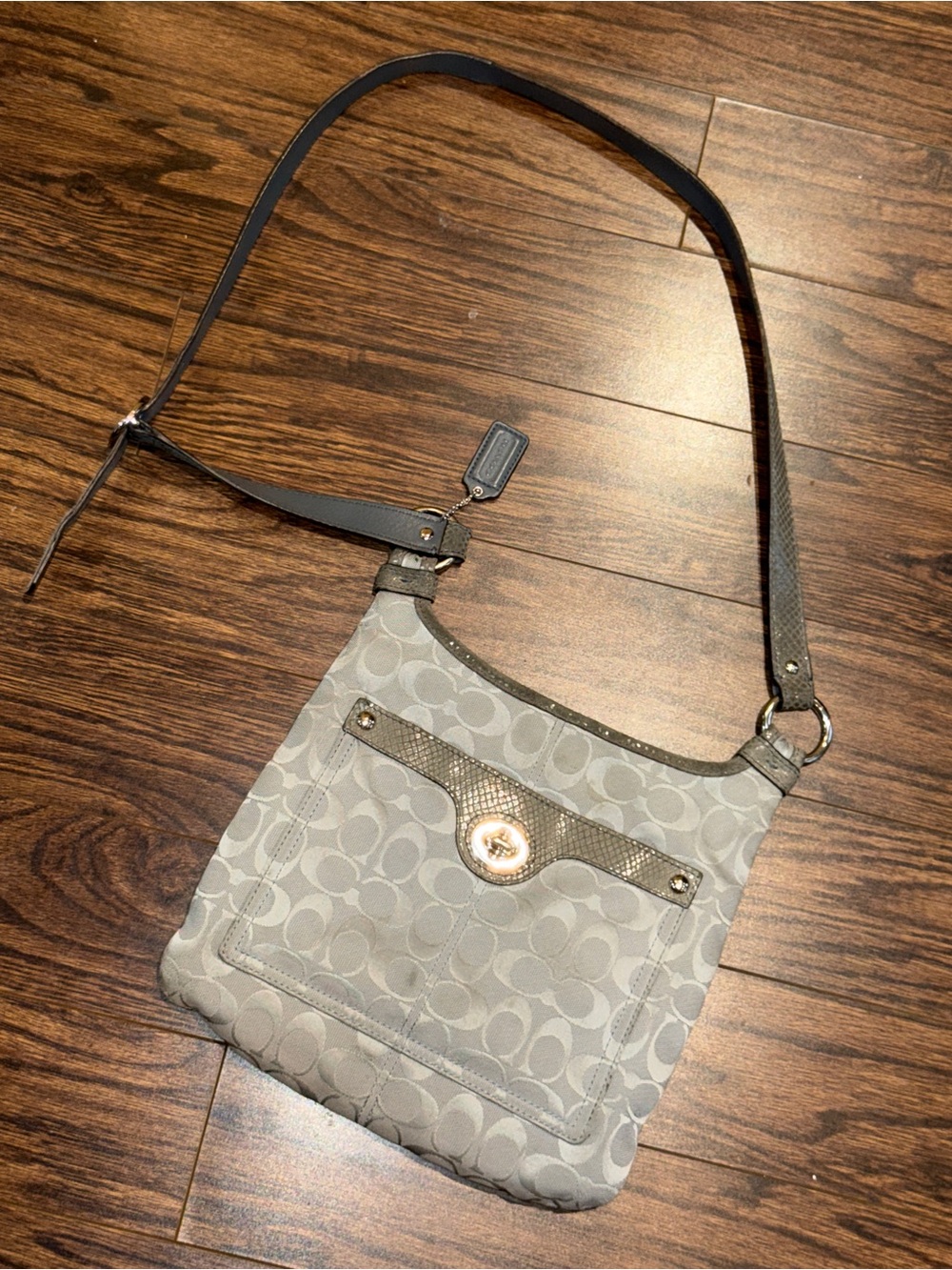 Coach Light Gray Signature Canvas Crossbody Bag with Leather Trim